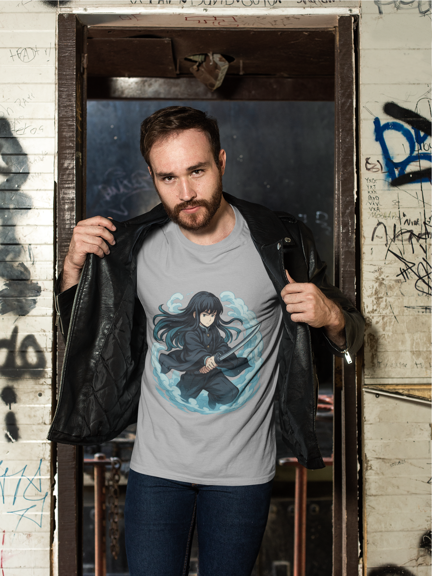 Water Mist Warrior Graphic Tee – Dark Anime Samurai Shirt
