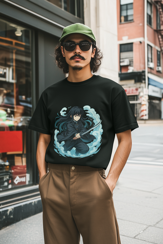 Water Mist Warrior Graphic Tee – Dark Anime Samurai Shirt