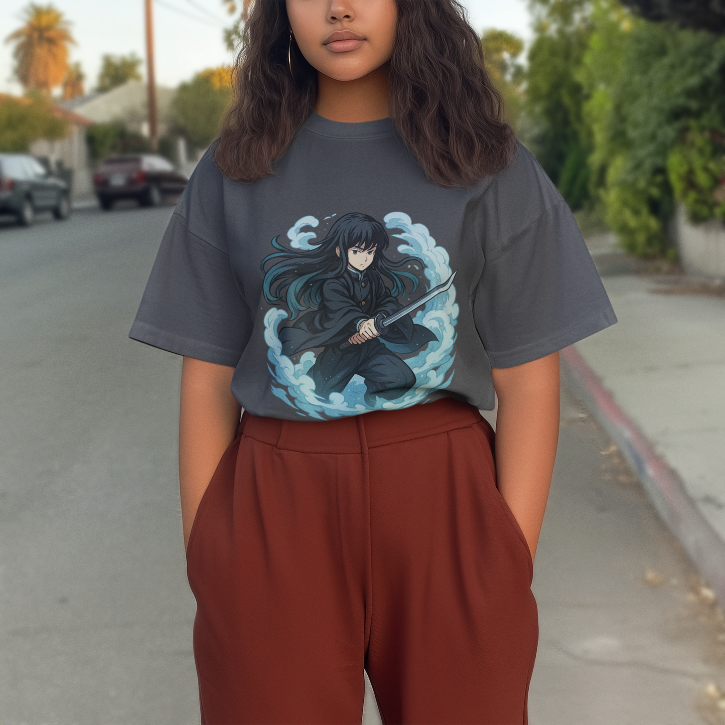 Water Mist Warrior Graphic Tee – Dark Anime Samurai Shirt