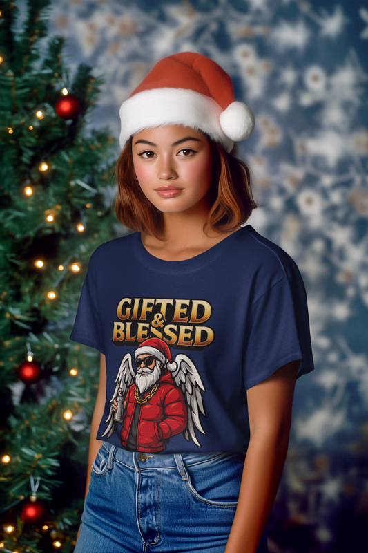 Gifted & Blessed Santa Angel Graphic Tee — Christmas Holiday Shirt