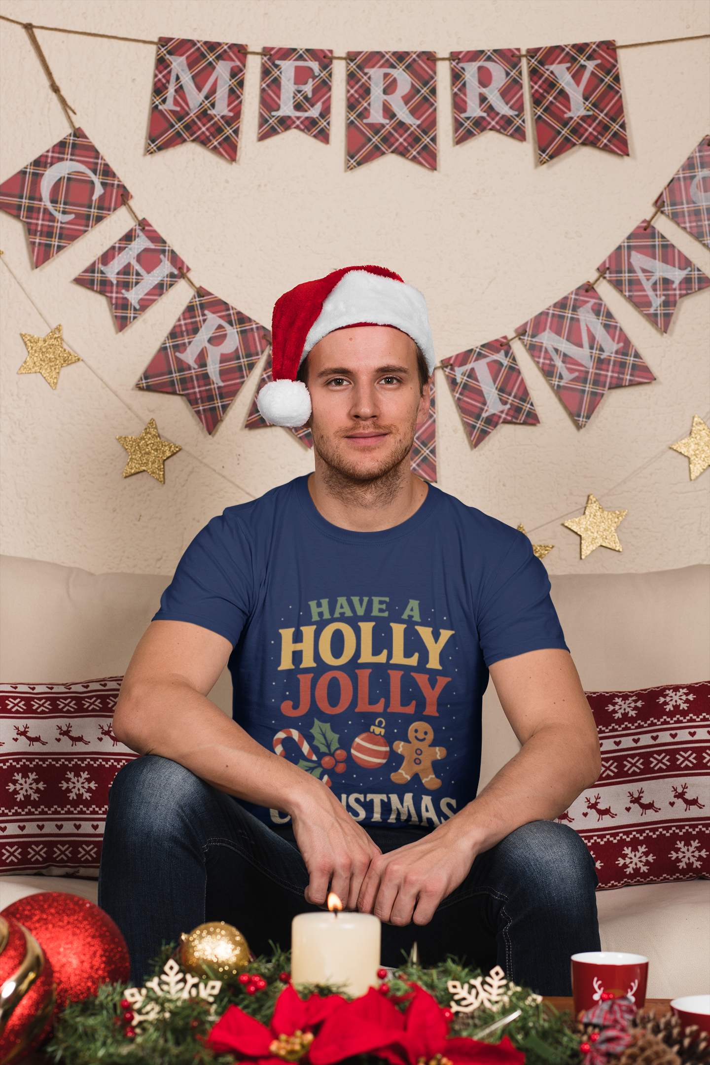 Holly Jolly Christmas T-Shirt — Festive Holiday Tee with Gingerbread & Ornaments