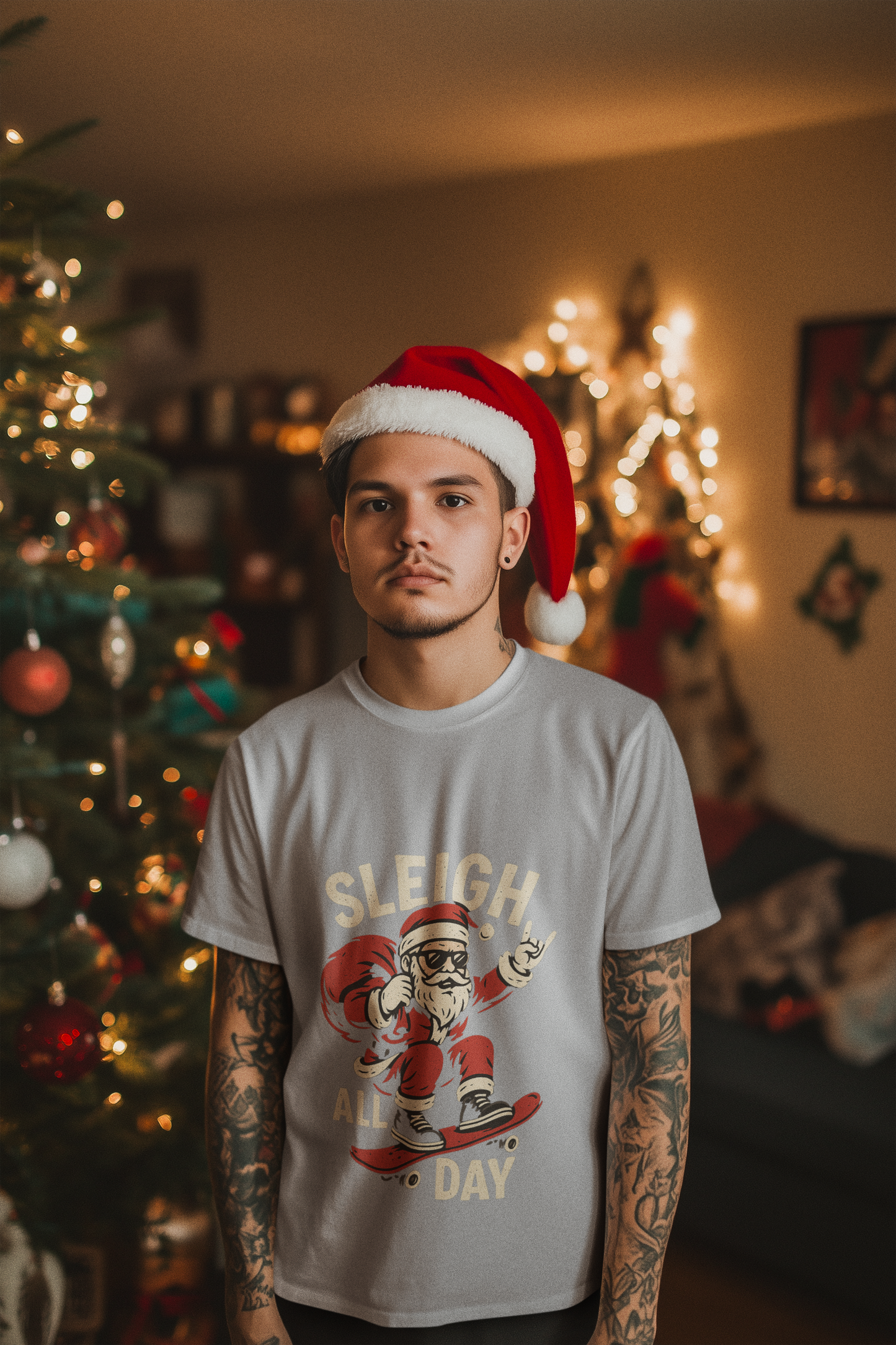Santa Skateboard "Sleigh All Day" Christmas T-Shirt