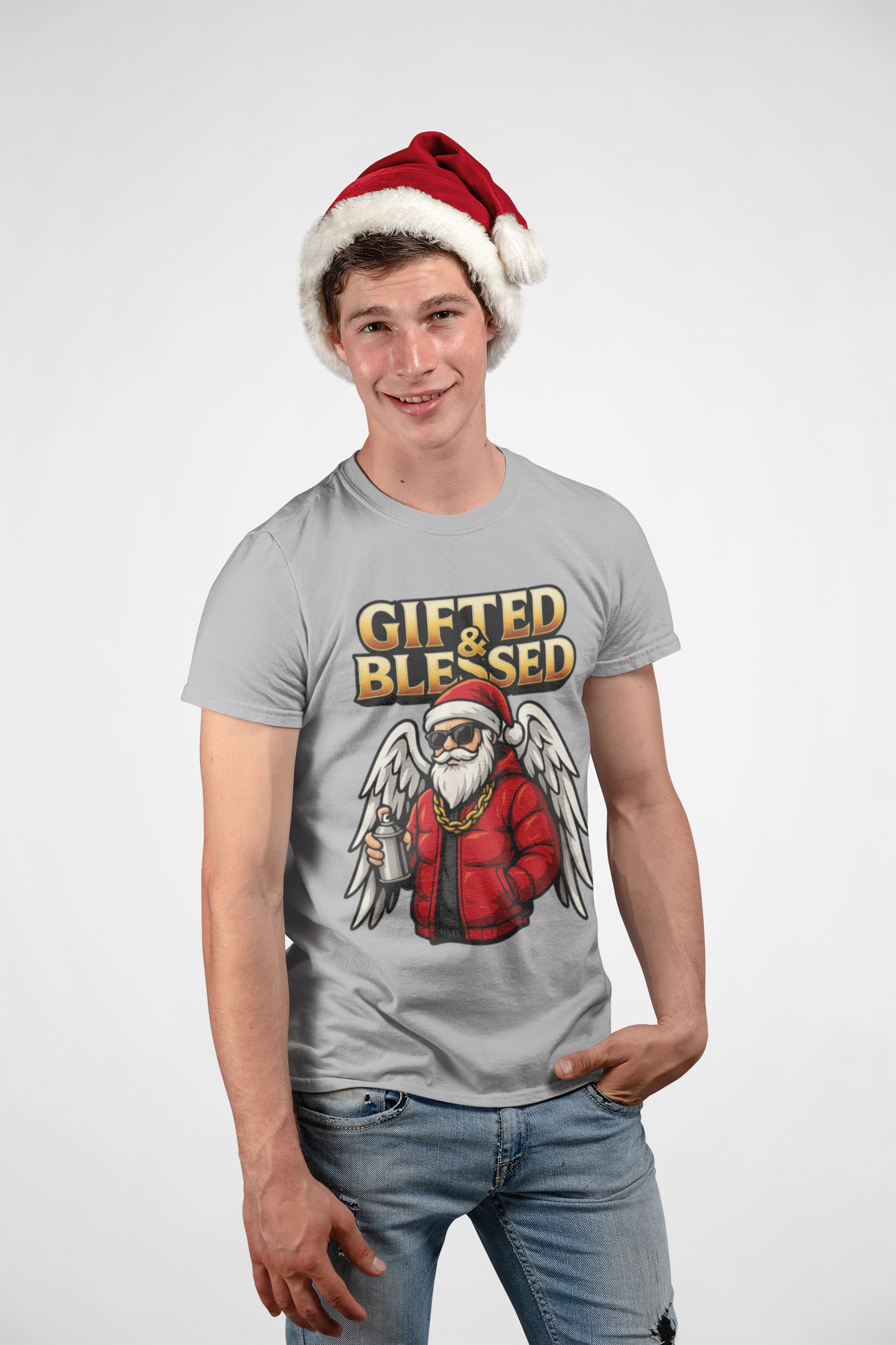 Gifted & Blessed Santa Angel Graphic Tee — Christmas Holiday Shirt
