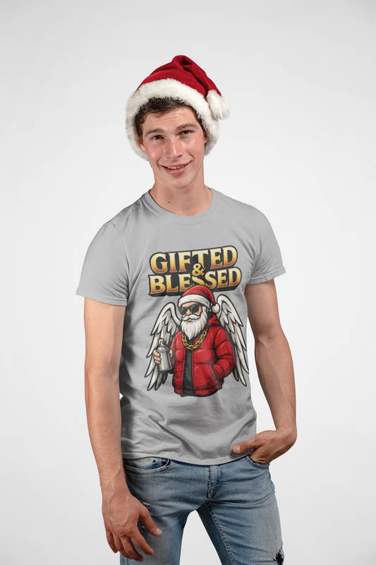 Gifted & Blessed Santa Angel Graphic Tee — Christmas Holiday Shirt