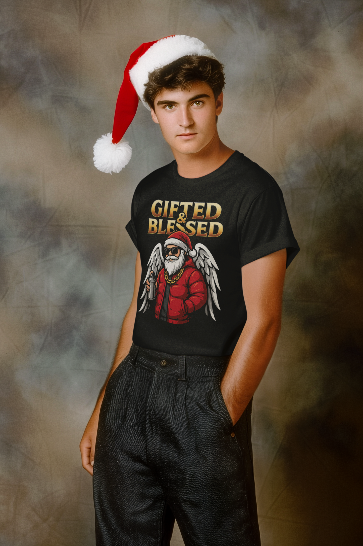 Gifted & Blessed Santa Angel Graphic Tee — Christmas Holiday Shirt