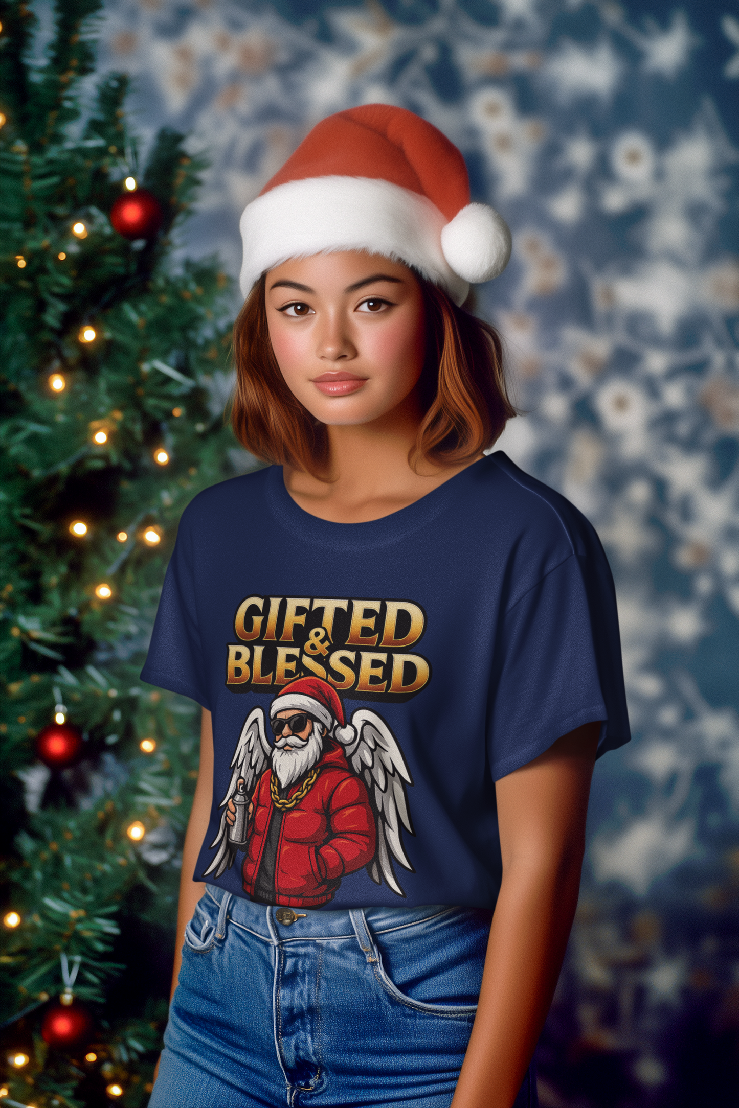 Gifted & Blessed Santa Angel Graphic Tee — Christmas Holiday Shirt