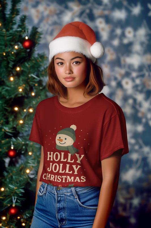 Christmas T-Shirt — "Holly Jolly Christmas" Snowman Holiday Tee