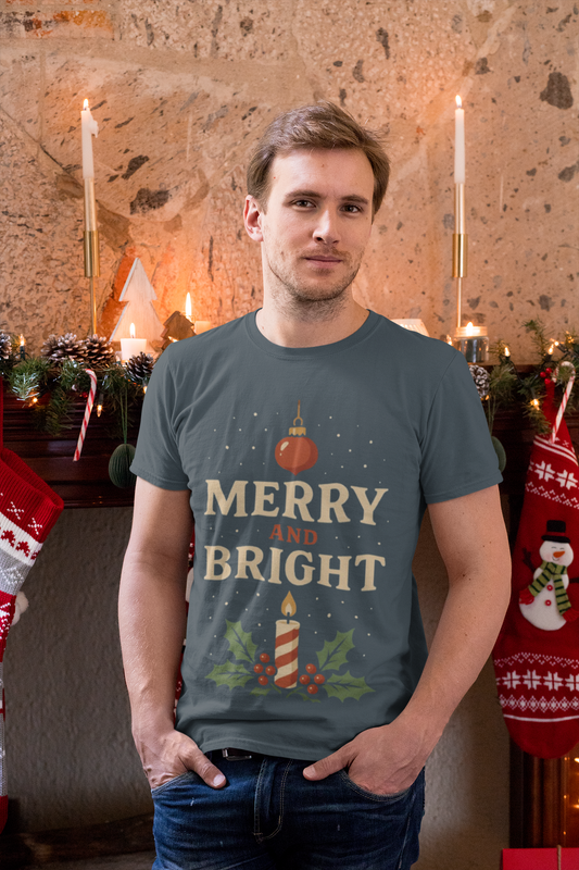 Christmas Tee — "Merry and Bright" Candle & Holly Holiday Shirt