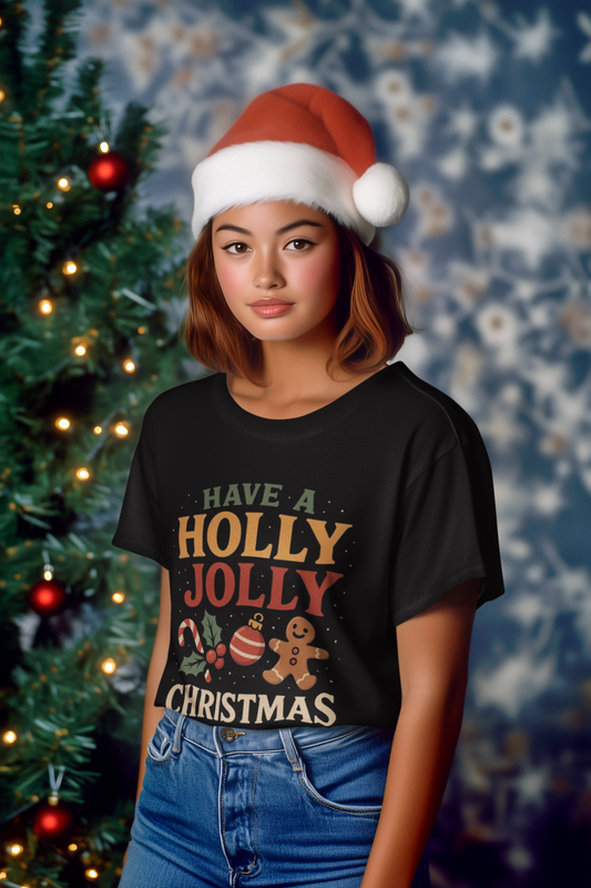 Holly Jolly Christmas T-Shirt — Festive Holiday Tee with Gingerbread & Ornaments