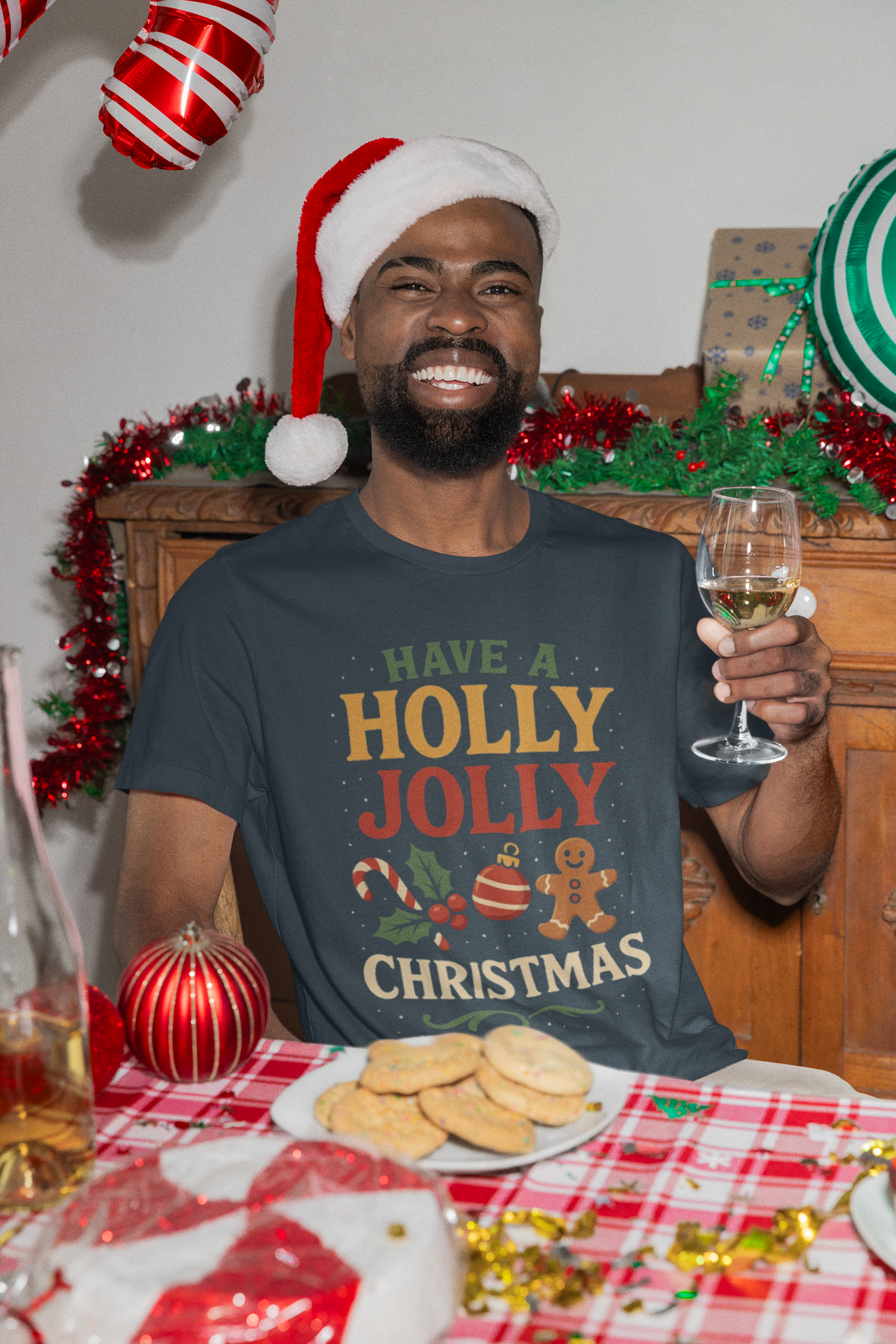 Holly Jolly Christmas T-Shirt — Festive Holiday Tee with Gingerbread & Ornaments
