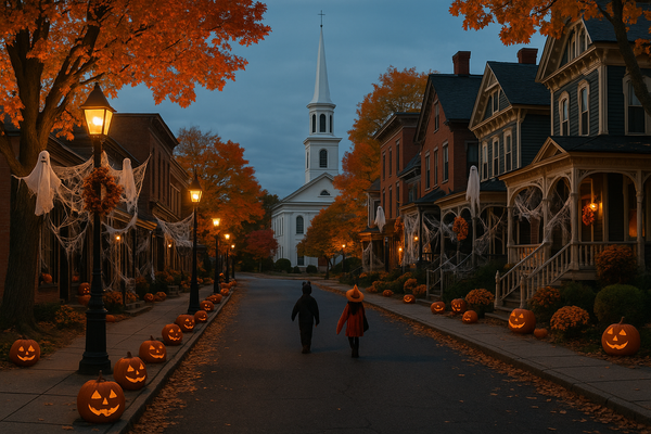 make me ultra-realistic picture of a small town in USA with a Halloween theme
